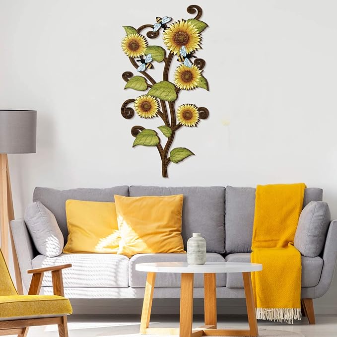 Ferraycle Wooden Sunflower Wall Decor Hanging Sunflower Outdoor Decor Rustic Flower Wall Art Yellow Large Farmhouse Wooden Signs for Indoor Bathroom Porch Patio Bedroom Accessories(with Bees,Wooden)