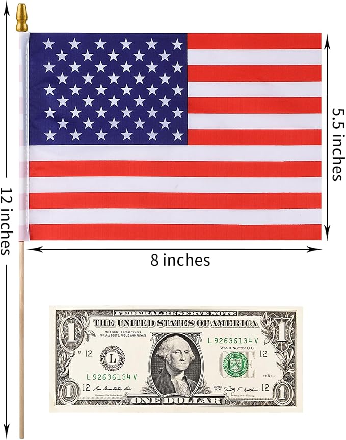 150pcs Small American Flags on Stick, Handheld 8 x 5.5 Inchs Mini American Flags with Kid-Safe Golden Spear Top, US Flags for 4th of July Decorations Outdoor, Independence Day Decorations