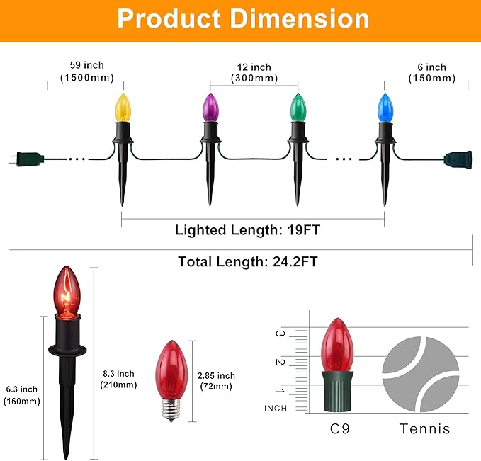 Christmas Pathway Lights Outdoor - 24.2ft Multicolor Walkway With Stakes, C9 Driveway for Outside Yard Garden, Extendable Xmas Holiday Decorations, 20 Lights