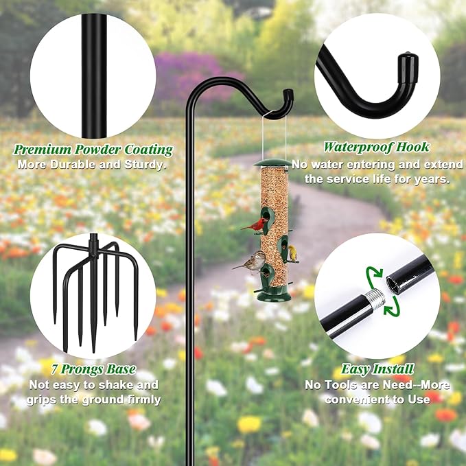 FEED GARDEN Adjustable Shepherd Hook Bird Feeder Pole with 7 Prongs Base, 108 Inch Tall 5/8 Inch Thick, Heavy Duty Outdoor Garden Poles for Hanging Bird Feeders, Plant Baskets, Black (2 Pack)