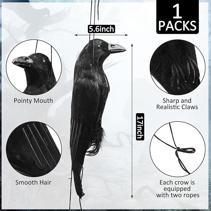 Lewtemi 1 Pcs 17 Inch Realistic Hanging Dead Crows Decoy Life Size Black Feathered Crow Fake Black Crows for Garden Decorations