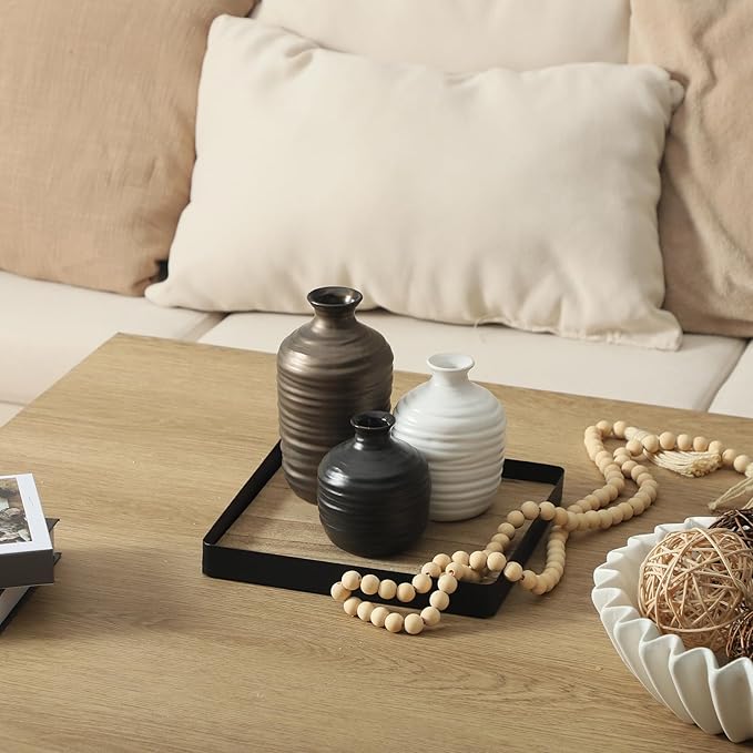 Ceramic Vase Set of 3 Decorative Vase for Home Decor Modern Farmhouse Decor Pottery Neutral Vases for Living Room Bathroom Table Mantel Fireplace Entryway Shelf (02-Metallic)