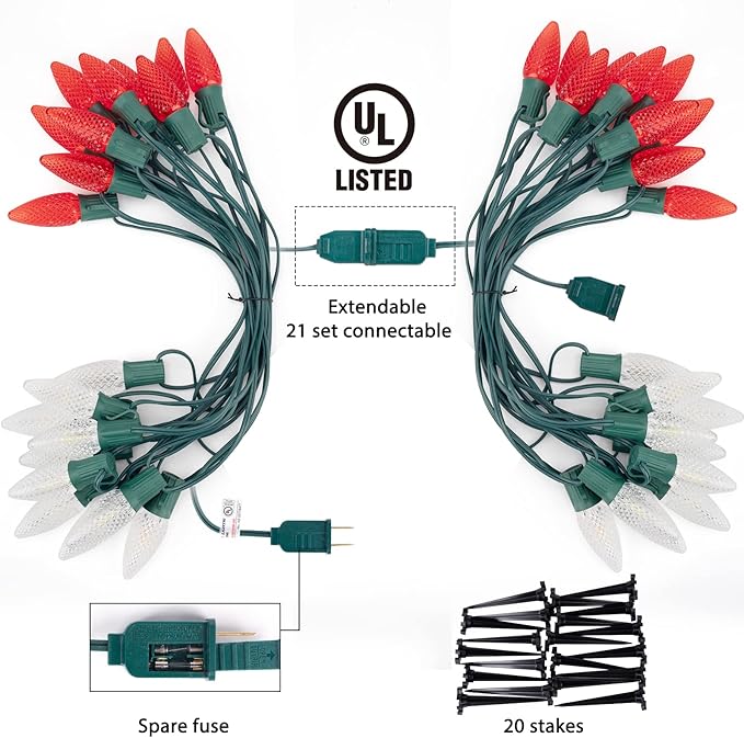 C9 LED Christmas String Lights Outdoor, 26 Feet 20 LED Christmas Pathway Lights with 20 Plastic Stakes, Connectable Waterproof for Driveways Xmas Holiday Patio Decoration, Red and Warm White