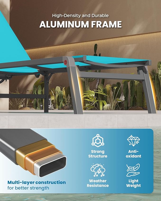 Chaise Lounge Outdoor, Foldable Aluminum Pool Lounge Chairs with 5 Positions Recliner - Free Assembly - Patio Chaise Lounge Chair for Poolside, Beach, Yard (Lakeblue)