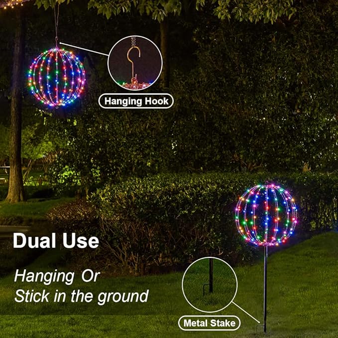 Christmas Ball Sphere, 16IN 128LED Hanging Tree and Pathway Light With Hook and Stake, Foldable Metal Frame Ball for Outdoor Garden, UL Listed, Brown Frame, RGB