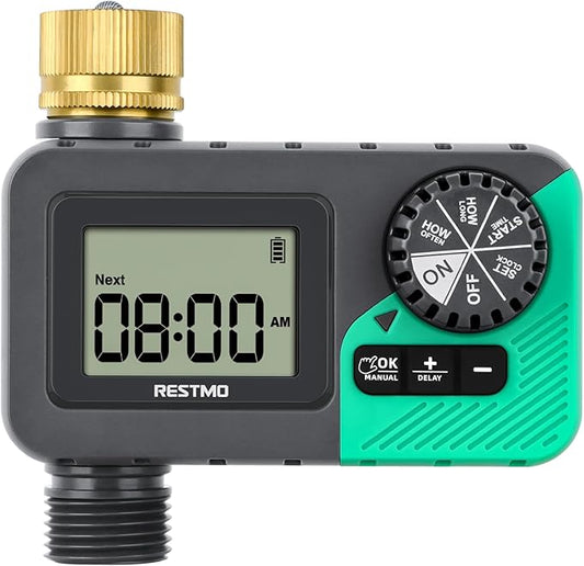 RESTMO Sprinkler Timer with Brass Inlet, Water Timer for Garden Hose, Rain Delay/Manual/Automatic for Outdoor Faucet, Drip Irrigation and Lawn Watering System