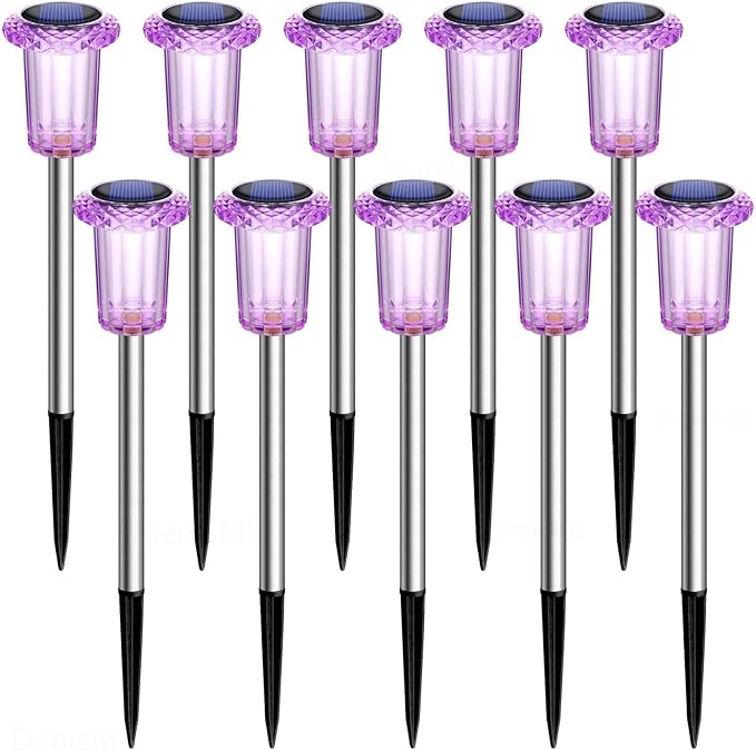DenicMic Solar Lights Outdoor Pathway Lights LED Waterproof Acrylic Lamp Head Stainless Steel Stake for Yard Garden Landscape Path Walkway Driveway Patio Lawn (Purple 10Pack)