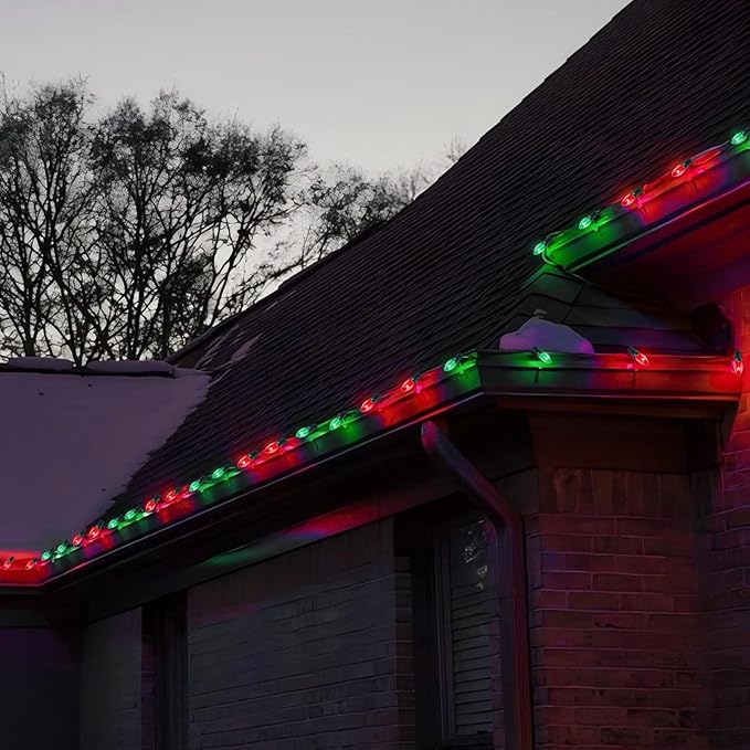 C7 Red and Green Christmas Lights Outdoor, 25Ft Outdoor Christmas Decorations String Lights with 27 Incandescent Bulbs, Vintage Christmas Lights for Indoor Outdoor Patio Christmas Party House Roofline