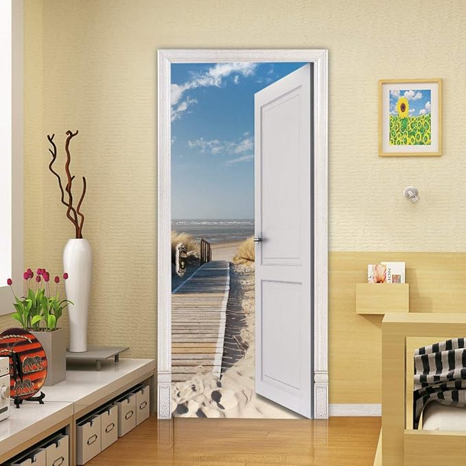 3D Door Stickers Murals Peel and Stick - Outer Beach Road - Door Wallpaper Self-Adhesive Door Decals Removable PVC Waterproof Door Poster for Bedroom Living Room Door Decoration 35.4 x 78.7 inch