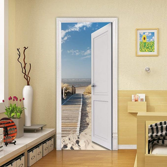 3D Door Stickers Murals Peel and Stick - Outer Beach Road - Door Wallpaper Self-Adhesive Door Decals Removable PVC Waterproof Door Poster for Bedroom Living Room Door Decoration 35.4 x 78.7 inch