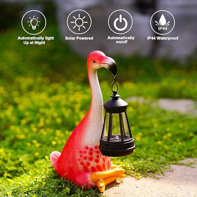 Goodeco Flamingo Statue with Solar Lantern - Artistic Pink Flamingo Decor for Outdoor Garden & Home, Flamingo Gifts for Women - Flamingo Lamp with Solar Lights Outdoor