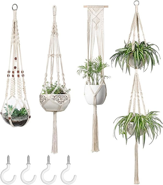 Mkono Macrame Plant Hangers Set of 4 Indoor Hanging Planter Basket Wall Decorative Flower Pot Holder with 4 Hooks for Indoor Outdoor Home Decor Gift Box, Ivory