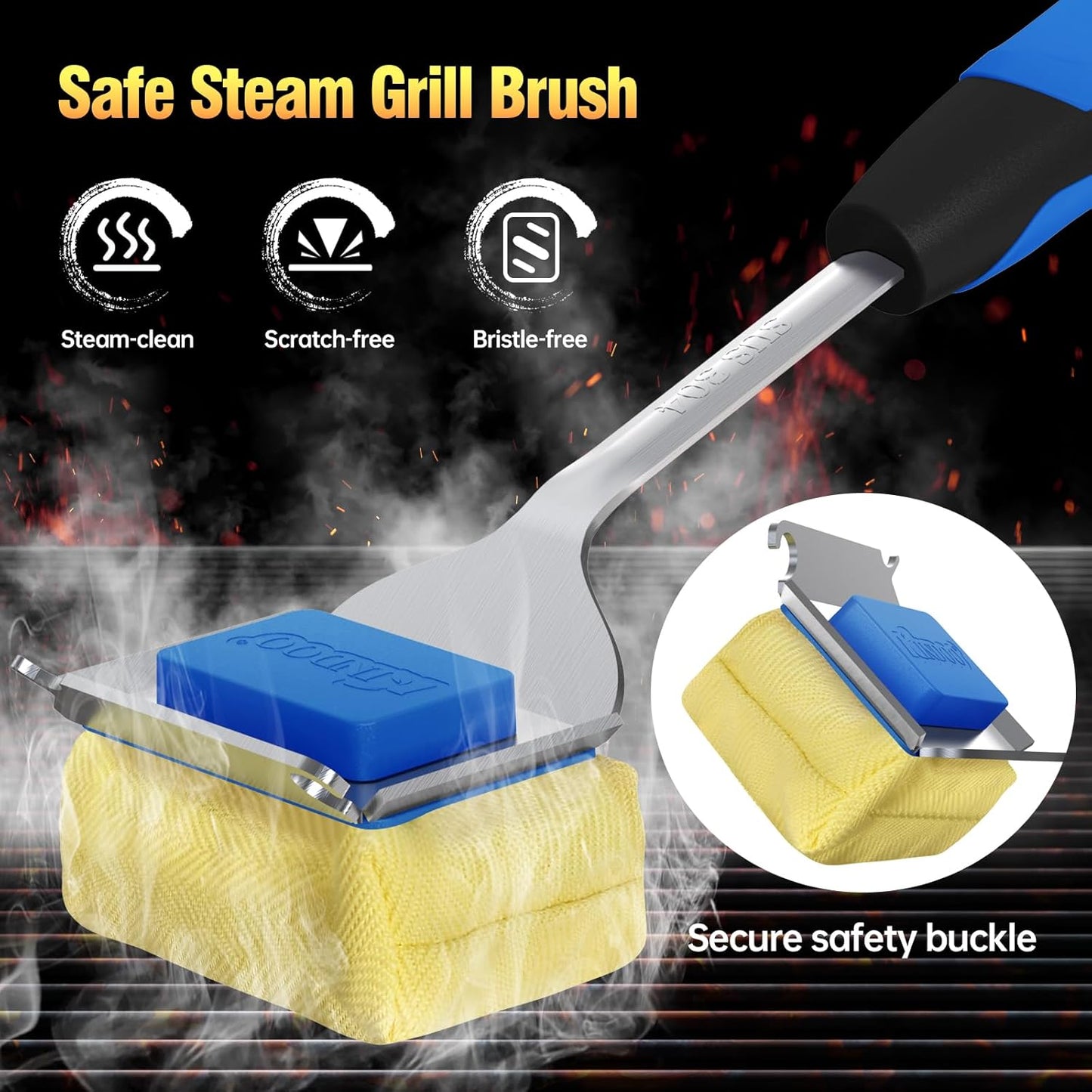 Grill Brush Bristle Free for Outdoor Grill, Steam Grill Cleaning Brush Replaceable BBQ Cleaner Brush Head,Extended Handle, Safe Grill Brush with Scraper for Cast Iron Stainless-Steel Grates, Blue