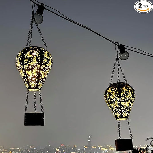 2-Pack Butterfly Decor Hot Air Balloon Solar Lantern – Outside Decorative Hanging Light for Garden Yard Patio Porch Lawn and Pathway – Unique Housewarming, Birthday Gift for Women Mom Grandma