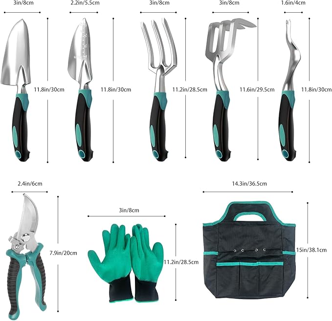 Gardening Tool, Heavy Duty Gardening Hand Tools for Gardener, Gardening Gifts for Women, Men, Heavy Duty Gardening Tools with Storage Tote Bag Non-Slip Rubber Grip, Aluminum Green Gardening Tool Set