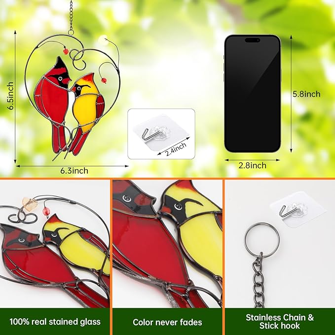 Cardinal Suncatchers Stained Glass for Windows Hangings,Male & Female Cardinal Stained Glass Sun Catchers,Stained Glass Red Love Birds Home Ornament,Gifts for Women