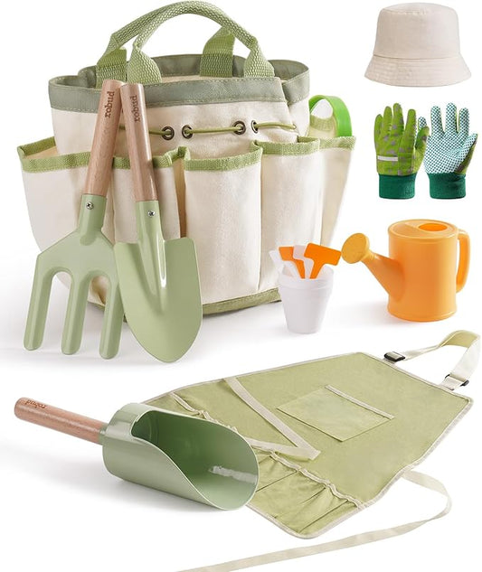 ROBUD Kid Gardening Set, Wooden Garden Tool for Kid, Garden Tool Kit with Tool Storage Bag, Apron, Gloves, Montessori Toys for Kids to be Closed to Nature, WRP25