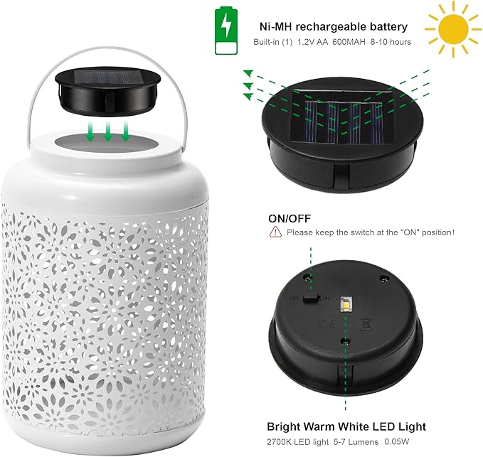 Glitzhome Solar Lantern White Metal Cutout Flower Outdoor Hanging Solar Light with Handle for Garden Patio Yard Outdoor Decor