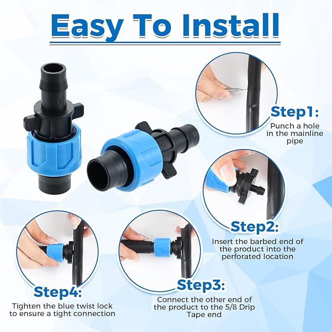 50 Pcs Drip Irrigation Connector, Drip Tape Fittings, Drip Tape Connector Tubing Coupling Barbed Locking Fitting Kit for 5/8" Drip Tape Sprinkler, 1/4" Barb Drip Irrigation Tools