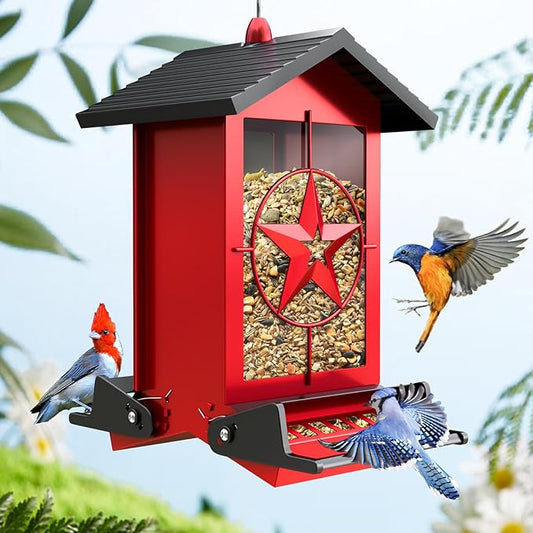 Squirrel Proof Bird Feeder for Outdoors Hanging, Metal Wild Bird Seed Feeder with Bilateral Weight-Activated Perches, 5LB Large Capacity Wild Bird Feeders for Outside Finch, Cardinal, Blue Jay