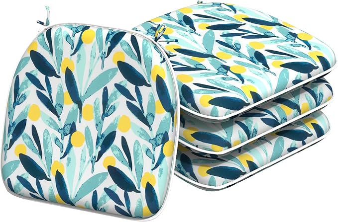 Indoor/Outdoor Chair Cushions 16x17 Inch, Patio Chair Cushions with Ties, All Weather Seat Cushions for Patio Furniture Home Garden Chair Use, Set of 4, Leaves Multi