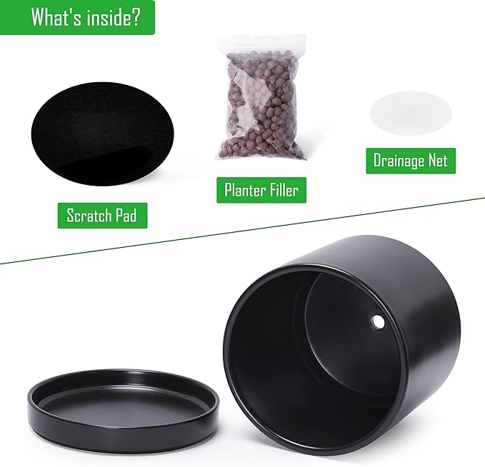 D'vine Dev 8 Inch & 10 Inch Ceramic Planter Pot for Plants with Drainage Hole and Saucer, Large Plant Pots Set, Black, 94-G-L-2