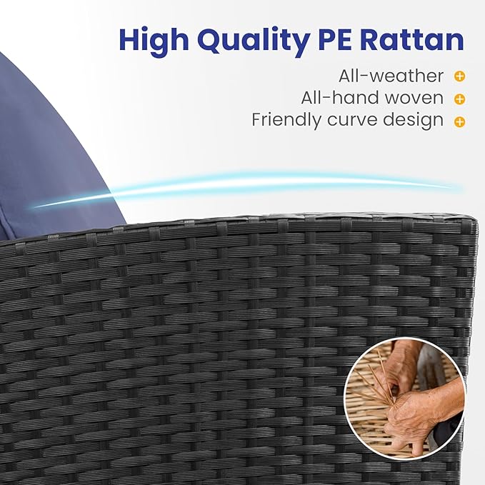 5 Piece Patio Furniture Set with 43" Propane Fire Pit Table, Outdoor Wicker Conversation Set, Rattan Modern Sectional Sofa Couch with Coffee Table for Backyard Porch Garden Poolside, Black-Blue