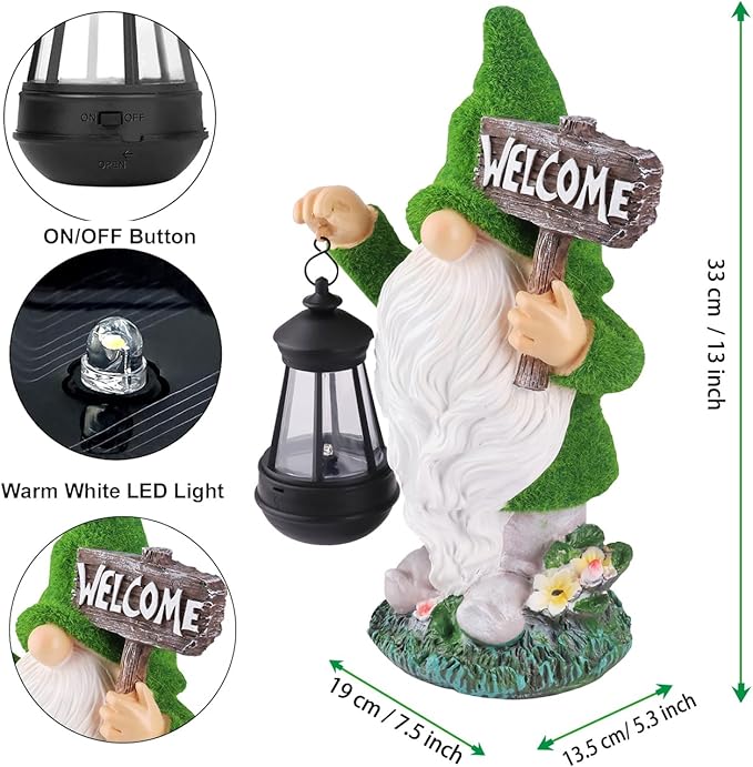 Garden Outdoor Statues, Solar Gnome Statues,Gnome Decorations with Solar Outdoor Lights for Garden Decor, Garden Sculptures & Statues for Front Porch Patio Lawn, Gifts for Mom, 13"", Green
