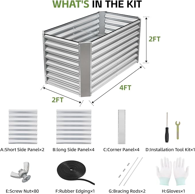 4x2x2ft (2 Pack) Raised Garden Bed - Galvanized Deep Root Planter Boxes Outdoor with Wing Nuts and Safety Edges for Gardening Vegetables, Flowers, Herbs, Succulents - Silver