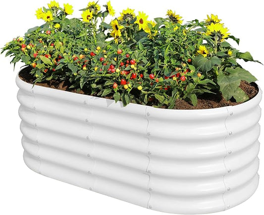 Land Guard 18“ Tall 4×2ft Galvanized Raised Garden Bed Kit, Galvanized Planter Garden Boxes Outdoor, Oval Large Metal Raised Garden Bed for Vegetables……… (Pearl White, 4×2×1.5ft)