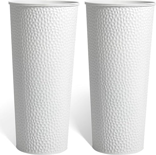 KOL 25" H. Metal Hand-Hammered Planters with Inner Pots 2-Pack, White Decor Planter for Deck, Patio, Porch - Galvanized Steel Handcrafted Flower Pot - w/Water Level Indicator - Indoor Outdoor Use