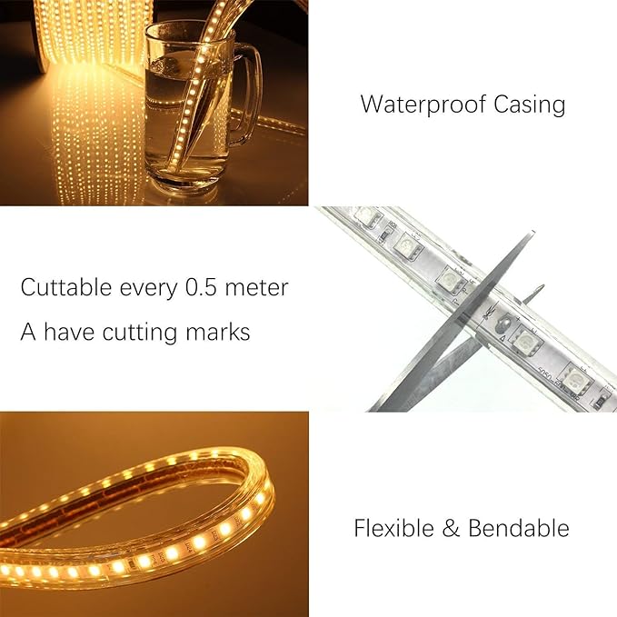 5050-60 Type AC 110-120V RGB LED Strip Lights, Flexible/Waterproof/Dimmable/Multi-Colors/Multi-Modes LED Rope Light + 24 Keys Remote for Home/Garden/Building Decoration (164ft/50m, RGB)