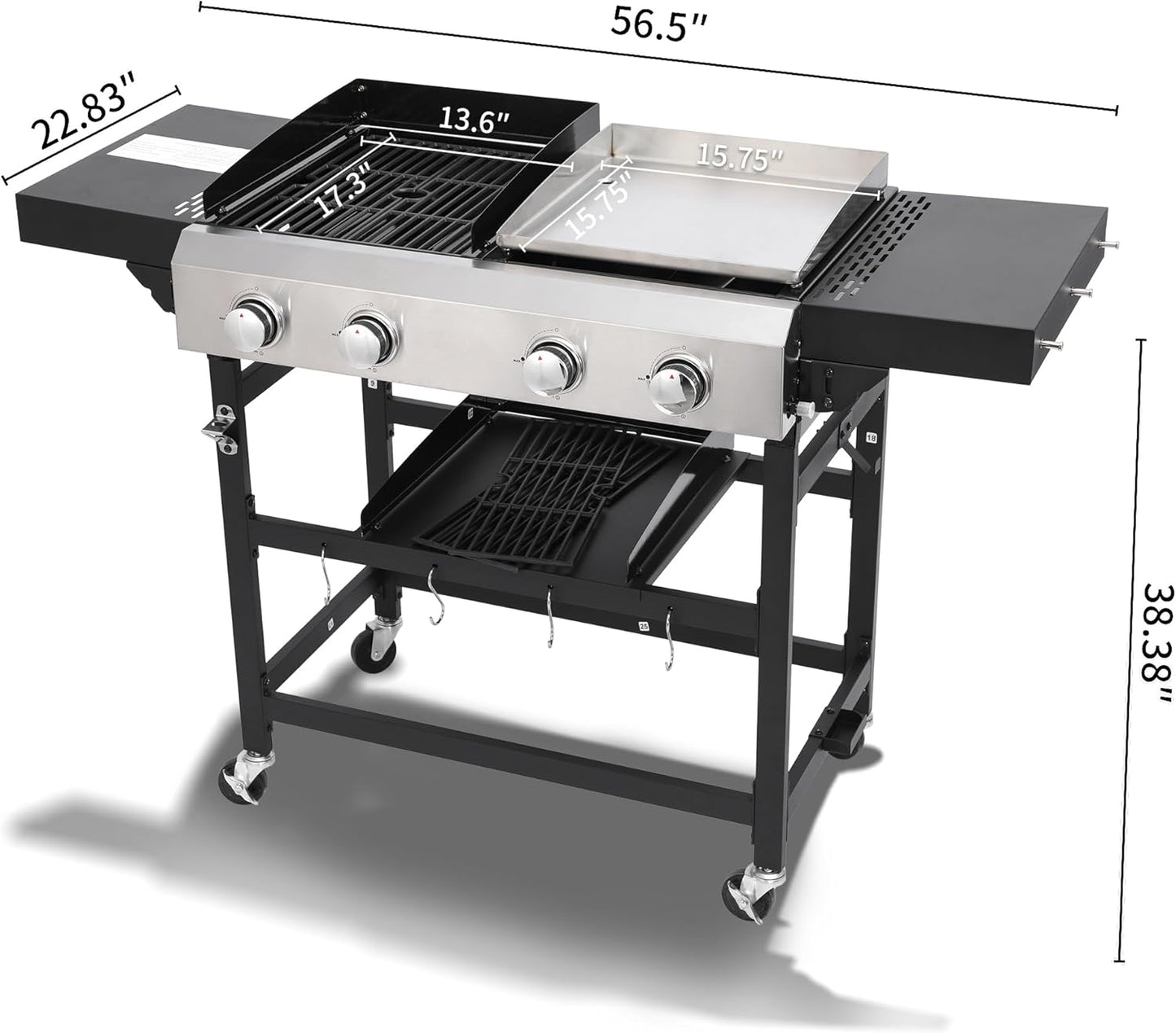 4-Burner Propane Gas BBQ Grill with SS Plancha, 38,200 BTU Output, Wire Enamel Cooking Grids, Foldable Side Table and Hanging Basket, Heavy-Duty Stainless Steel Grill