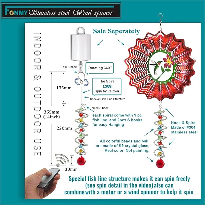 FONMY Gazing Ball Spiral Tail -Decorative Wind Spinner Sun Catcher Rainbow Maker Double-Spiral W/Red Crystal Ball and Chain Crystals for Indoor Outdoor Garden Decoration -14 inch Height
