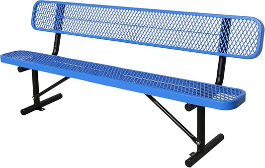 8FT Heavy Duty Park Bench with Back Portable Frame, Outdoor Steel Bench with Backrest, Outdoor Park Bench Expanded Metal Mesh Bench for Lawn, Park, Deck, Garden, Patio, Porch, Black (Blue, 8FT)