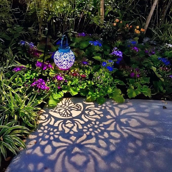 2 Pack Outdoor Solar Hanging Lantern Lights Metal LED Decorative Lamp for Garden Patio Courtyard Lawn and Table with Hollowed-Out Design (Royal Purple)