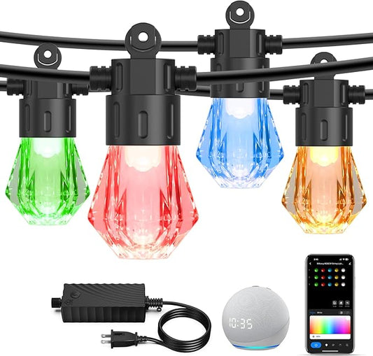 XMCOSY+ 48FT Smart Outdoor String Lights - RGBCWIC Dimmable Acrylic Bulbs, Color Changing LED Patio Lights APP WiFi Control, Compatible with Alexa, IP65 Waterproof Outside Lights for Yard Porch