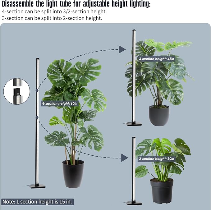 GLOWRIUM Standing Grow Light for Indoor Plants,60in Full Spectrum Vertical Plant Light,3 Light Modes,Auto-Timer,6-Level Dimmable,Suitable for Wide Area Coverage in Indoor Plants (4-Section)