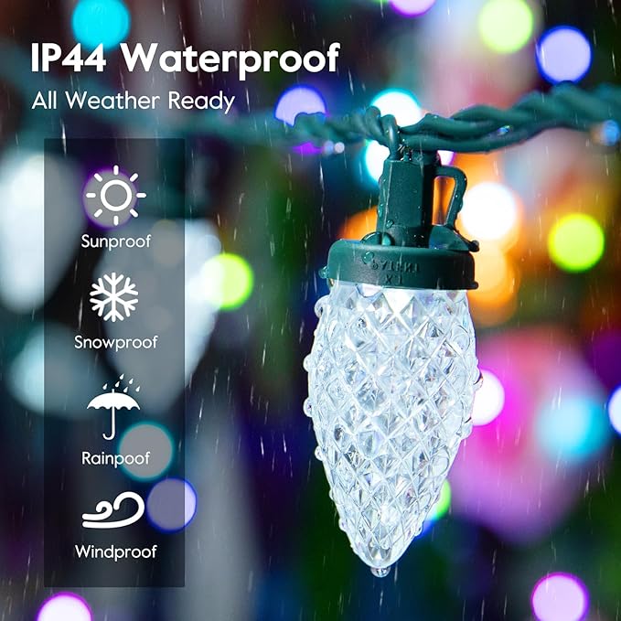 Brightown C9 LED Christmas String Lights, 66ft 100 LED Waterproof Strawberry String Lights, Plug-in Extendable Green Wire Lights String for Outdoor Outside Patio Party Decoration, Blue and White