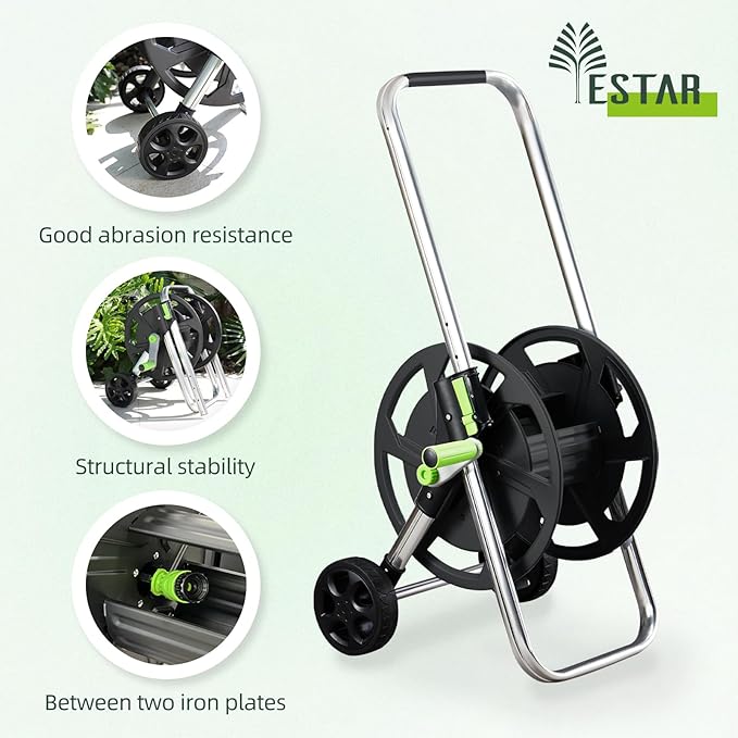 Garden Hose Reel Cart, Holds 75-150 Feet of 5/8-Inch Hose, Portable Hose Reel Cart With Wheels,Adjustable Handrail, Quick Hose Connector