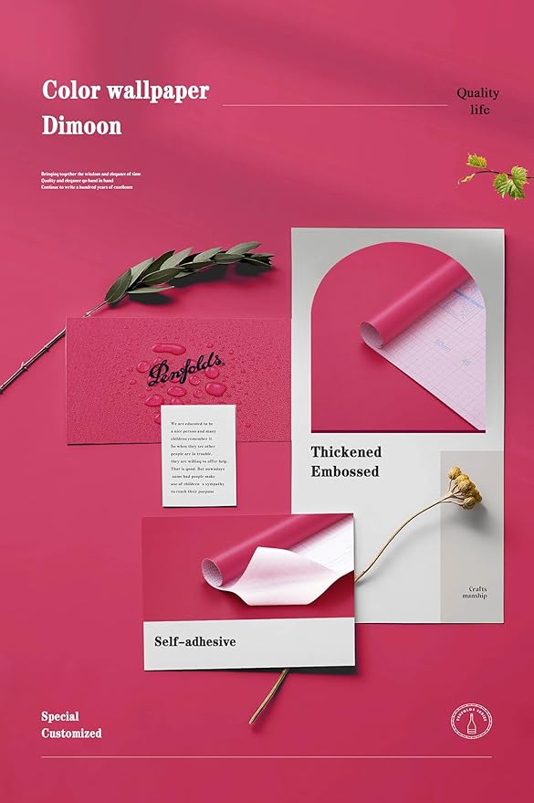 Dimoon 236''x17.7'' Pink Peel and Stick Wallpaper Contact Paper Modern Self Adhesive Wall Paper Removable Renter Friendly Textured Solid Color Shelf Cabinet Vinyl Roll (236''x17.7'',Rose Red)