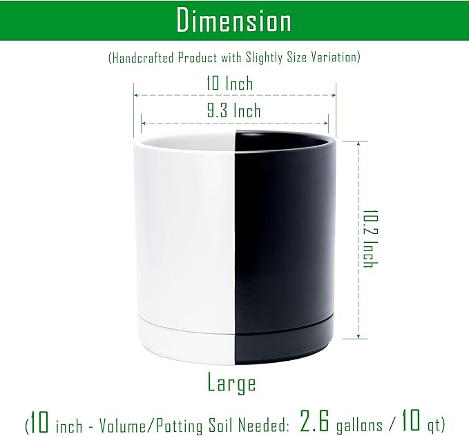 D'vine Dev 10 Inch Ceramic Planter Pot with Drainage Hole and Saucer, Indoor Cylinder Round Planter Pot, Split Monochrome Black & White, 94-O-E-0