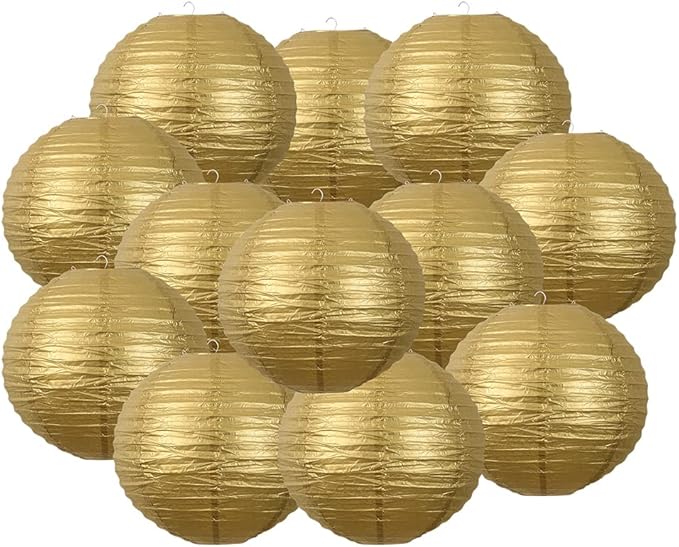 Chinese Style Paper Lanterns, Set of 12, Suitable for Party Decoration (Gold, 12in)