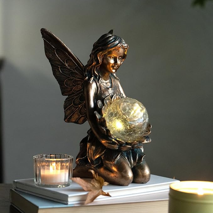 Garden Statues Outdoor Flower Fairy Decor,Solar Powered Outdoor Resin Statues-Patio Lawn Yard Porch, Funny Garden Fairies Ornaments Figurines for Outside Garden Gifts,8.31 Inches Tall