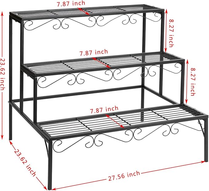 DOEWORKS 3 Tier Stair Style Metal Plant Stand, Garden Shelf for Large Flower Pot Display Rack Indoor Outdoor, Black
