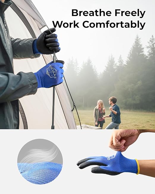 OKIAAS Work Gloves for Men, Ultra Thin and Lightweight with Grip, 12 Pairs Bulk Pack Construction Gloves with Polyurethane Coating, Safety Gloves for Light Duty Work (Green, Medium)