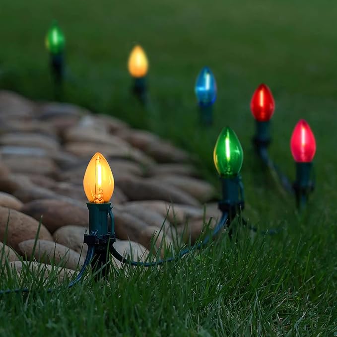 C7 Christmas Lights Multicolor 25Ft Outdoor Patio String Light with 27 LED Clear Multicolor Bulbs, Vintage Christmas Lights for Outdoor Roofline Xmas Garden Wedding Party Decorations- Green Wire