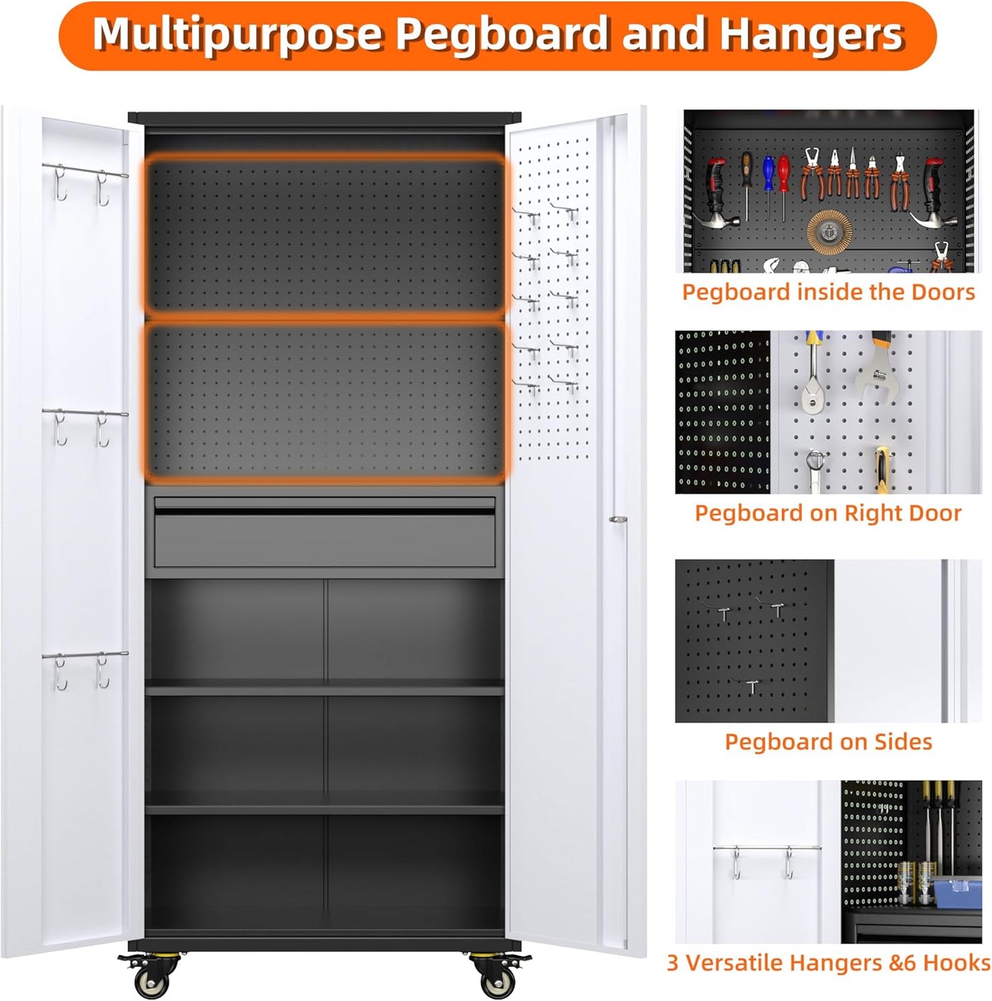 Aobabo Metal Storage Cabinet with Wheels and 1 Interior Drawer, Steel Rolling Tool Cabinet with 16 Hooks and 2 Adjustable Shelves for Garage, Home, Office, Kitchen, Black Gray, Assembly Required