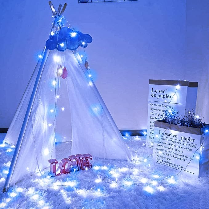 Vivideal 200 LED Christmas Lights Outdoor - 66ft Christmas String Lights 8 Modes Plug in Waterproof Fairy Lights with Timer Memory for Indoor Outside Bedroom Home Party Decoration, Blue&White