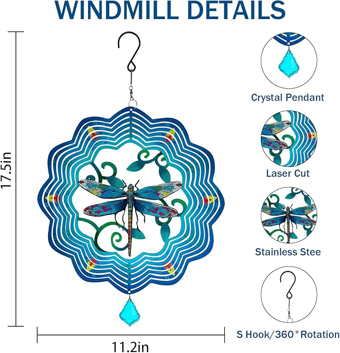 Dragonfly Metal Wind Spinners - 12 Inch Hanging Metal Wind Spinner for Outdoor & Indoor Decor, Dragonfly Kinetic Sculpture for Christmas Ornament Gifts, Yard Art and Garden Decorations